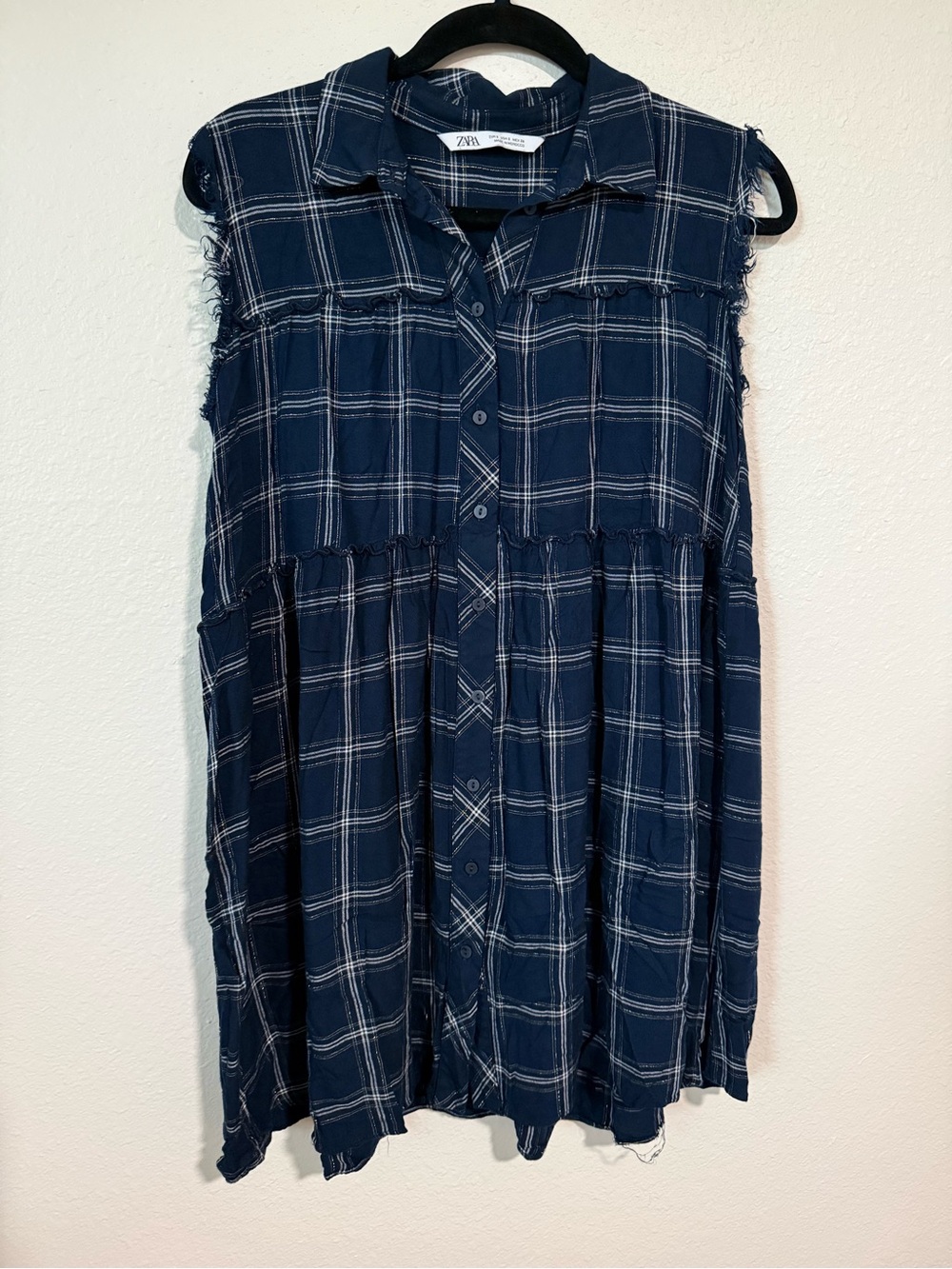 Zara Navy Plaid Sleeveless Button-Down Tunic Dress